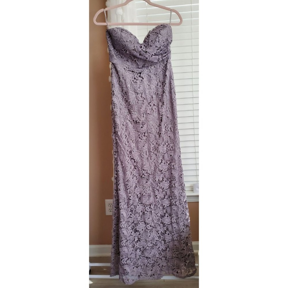 Lulus gray floor length strapless lace gown, size M